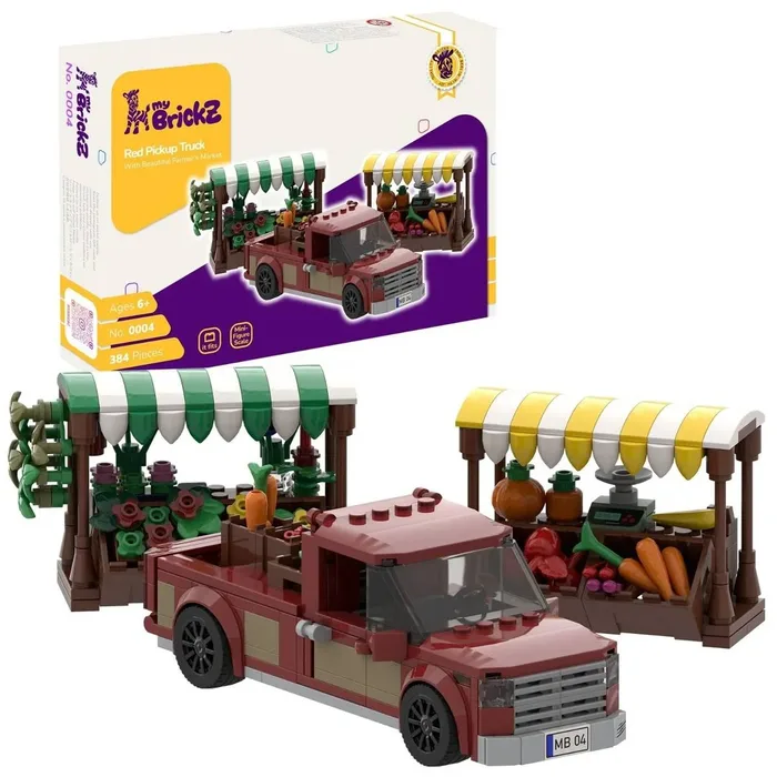 myBrickZ Set de construction de véhicule Pick-up en beau rouge avec deux étals de marché, briques à tenons, briques à emboîtement, compatible avec les grandes marques (MYBRICKZ-0004) - prix | Brick Broker
